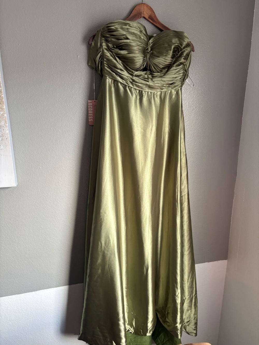 Olive green satin strapless maxi dress